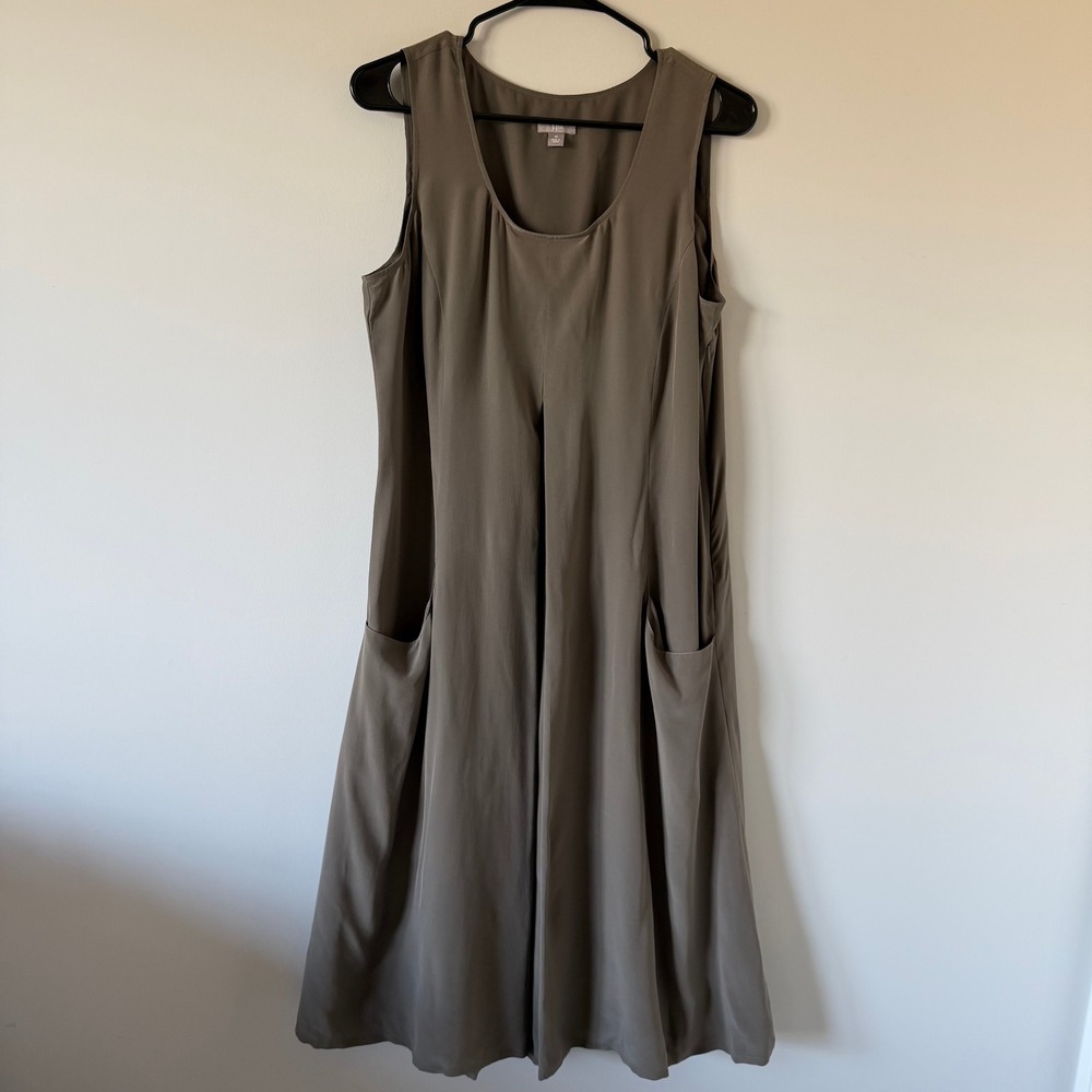 J. Jill Womens 100% Silk Sleeveless Midi Dress Pockets Taupe‎ Medium Lagenlook